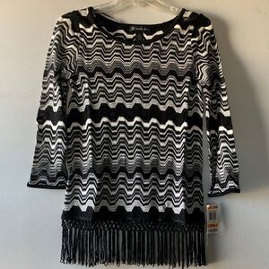 INC International Concepts 3/4Sleeve Sweater Black & White Fringe Hem Size S